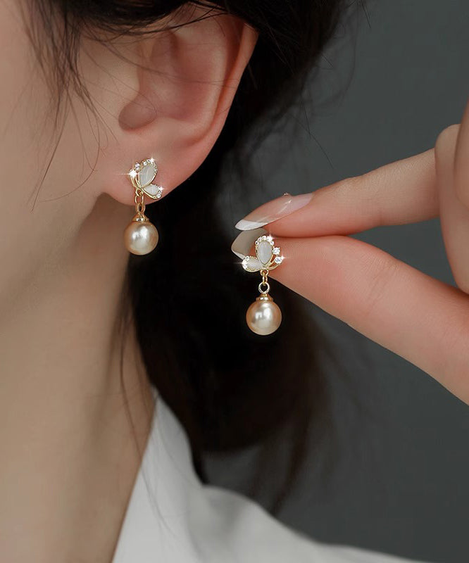 Novelty Champagne Copper Zircon Butterfly Pearl Drop Earrings