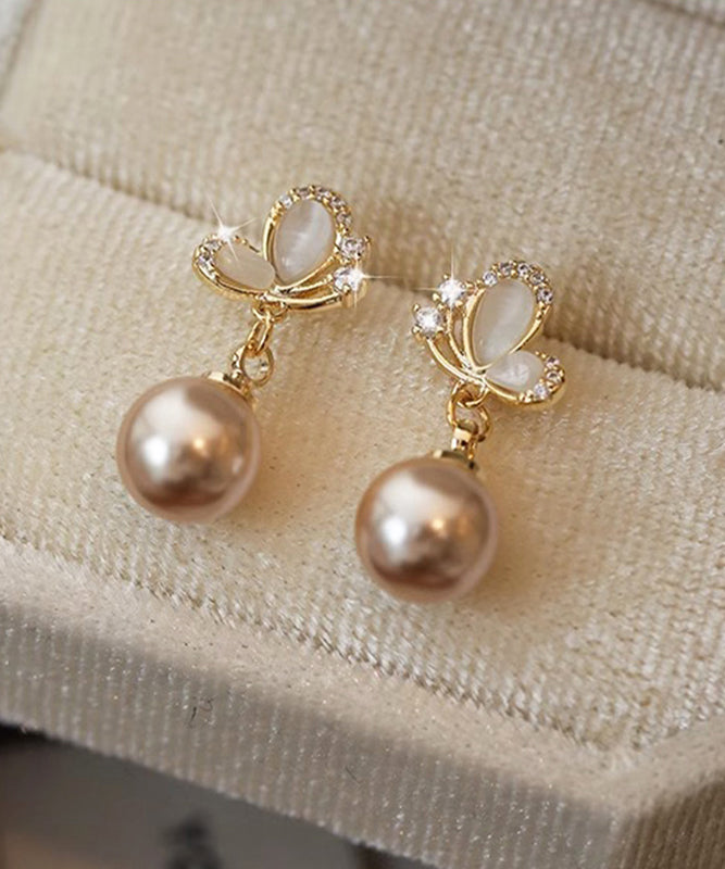 Novelty Champagne Copper Zircon Butterfly Pearl Drop Earrings