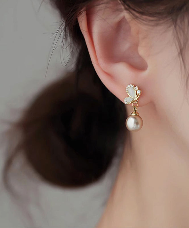 Novelty Champagne Copper Zircon Butterfly Pearl Drop Earrings