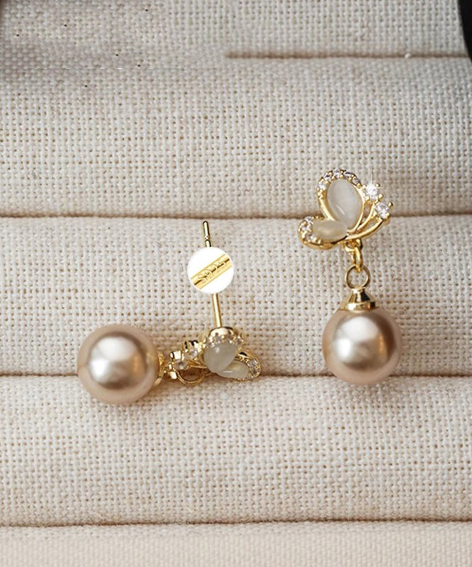Novelty Champagne Copper Zircon Butterfly Pearl Drop Earrings