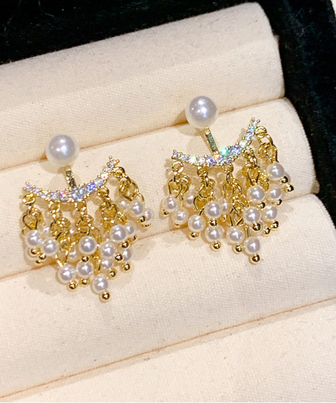 Novelty Gold Copper Zircon Pearl Tassel Drop Earrings