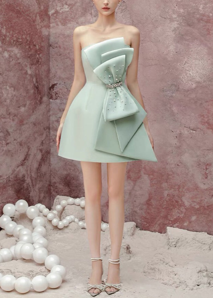 Novelty Green Bow Zircon Pearl Cotton Mid Dresses Sleeveless
