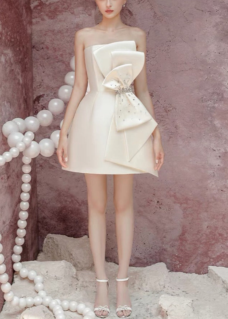 Novelty Green Bow Zircon Pearl Cotton Mid Dresses Sleeveless