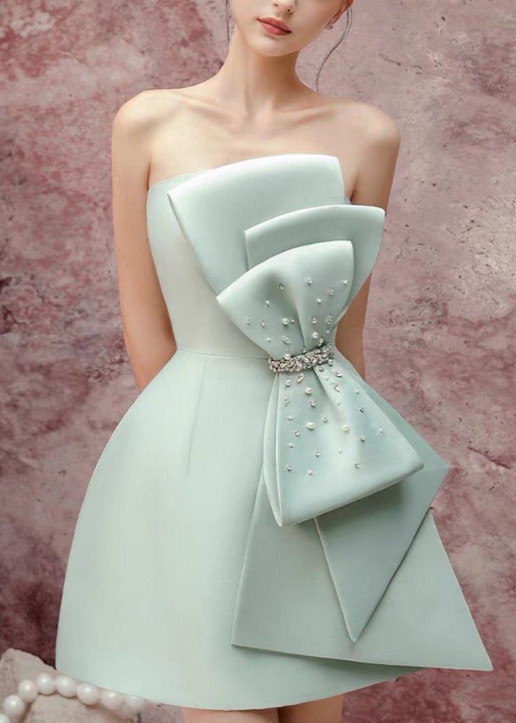 Novelty Green Bow Zircon Pearl Cotton Mid Dresses Sleeveless