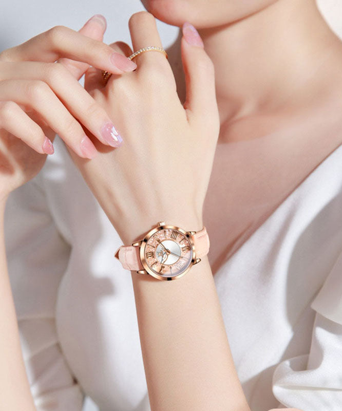 Novelty Pink Leather Zircon Quartz Movement Fully Automatic Machinery Watches