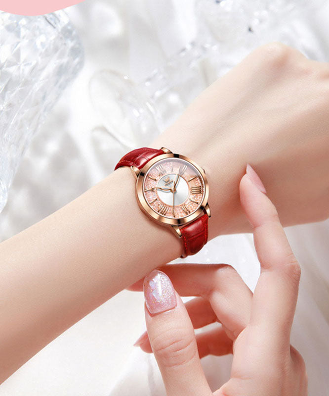 Novelty Pink Leather Zircon Quartz Movement Fully Automatic Machinery Watches