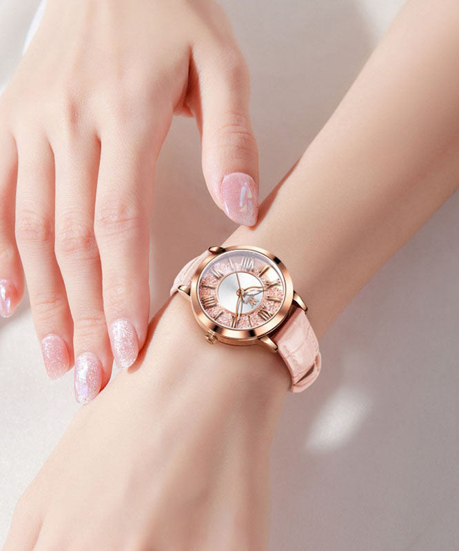 Novelty Pink Leather Zircon Quartz Movement Fully Automatic Machinery Watches