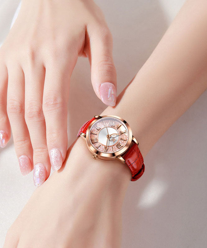 Novelty Pink Leather Zircon Quartz Movement Fully Automatic Machinery Watches