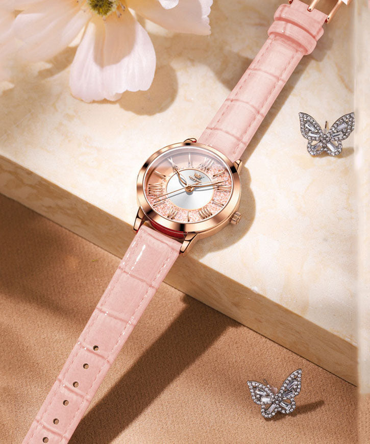 Novelty Pink Leather Zircon Quartz Movement Fully Automatic Machinery Watches