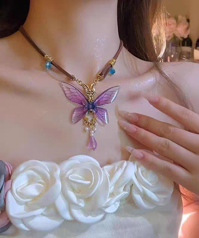 Novelty Purple Sterling Silver Overgild Butterfly Pearl Pendant Necklace