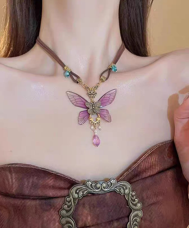 Novelty Purple Sterling Silver Overgild Butterfly Pearl Pendant Necklace