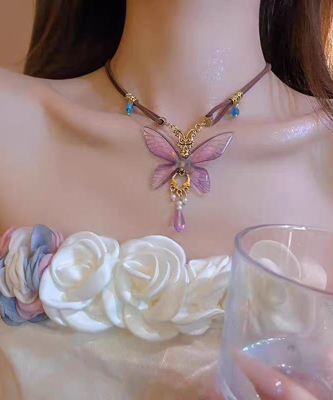 Novelty Purple Sterling Silver Overgild Butterfly Pearl Pendant Necklace