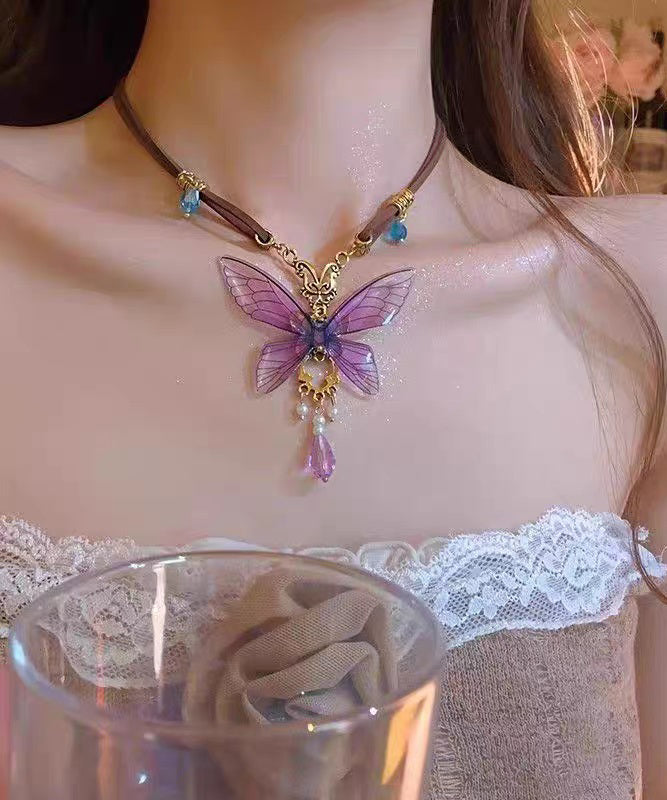 Novelty Purple Sterling Silver Overgild Butterfly Pearl Pendant Necklace