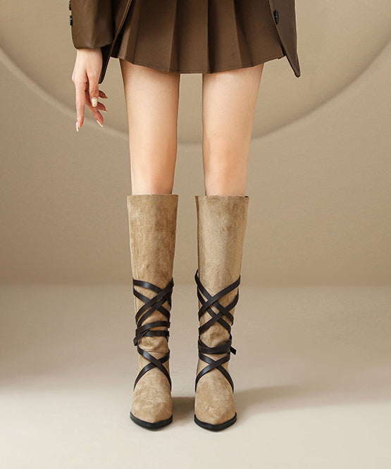Nude Suede Cross Strap Splicing Boots Pointed Toe
