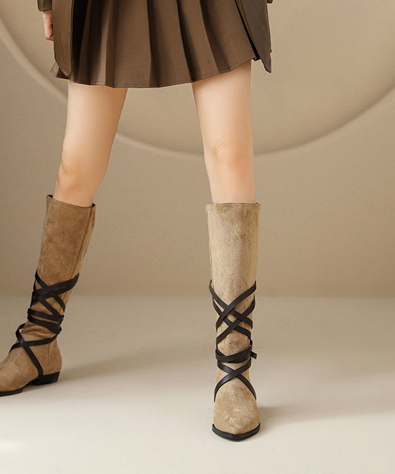 Nude Suede Cross Strap Splicing Boots Pointed Toe