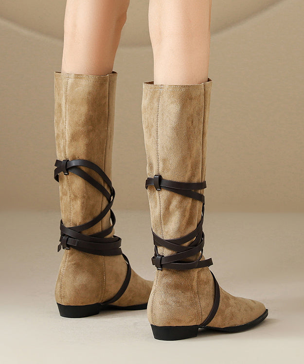 Nude Suede Cross Strap Splicing Boots Pointed Toe