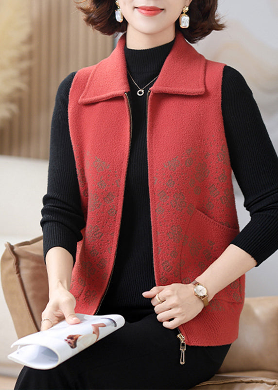 Orange Print Patchwork Zippered Knit Waistcoat Fall