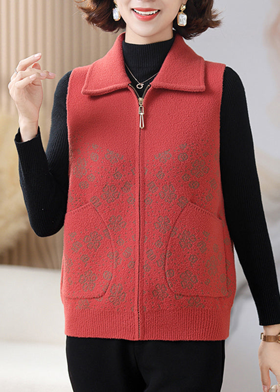 Orange Print Patchwork Zippered Knit Waistcoat Fall