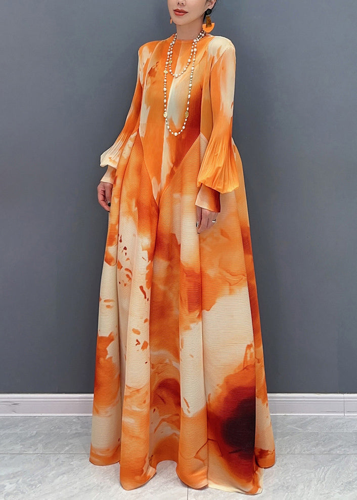Orange Wrinkled Patchwork Cotton Maxi Dress O Neck Fall