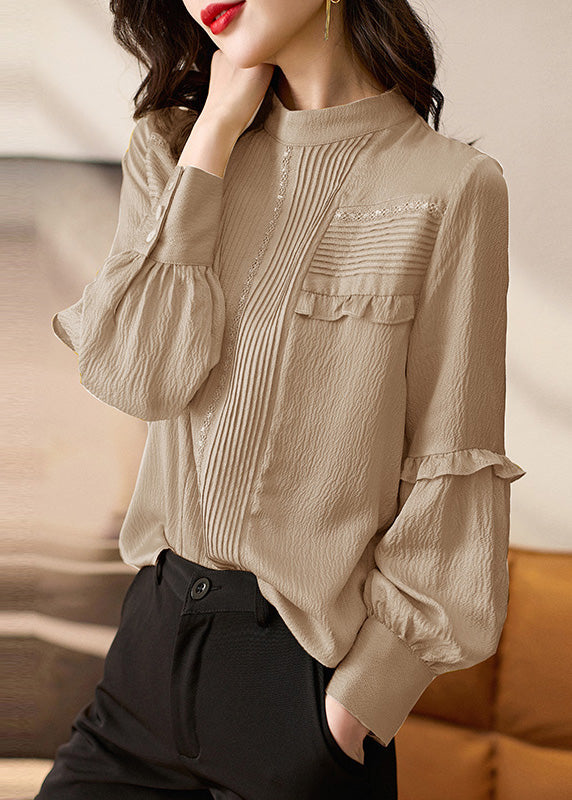 Organic Apricot Stand Collar Ruffled Patchwork Silk Top Spring