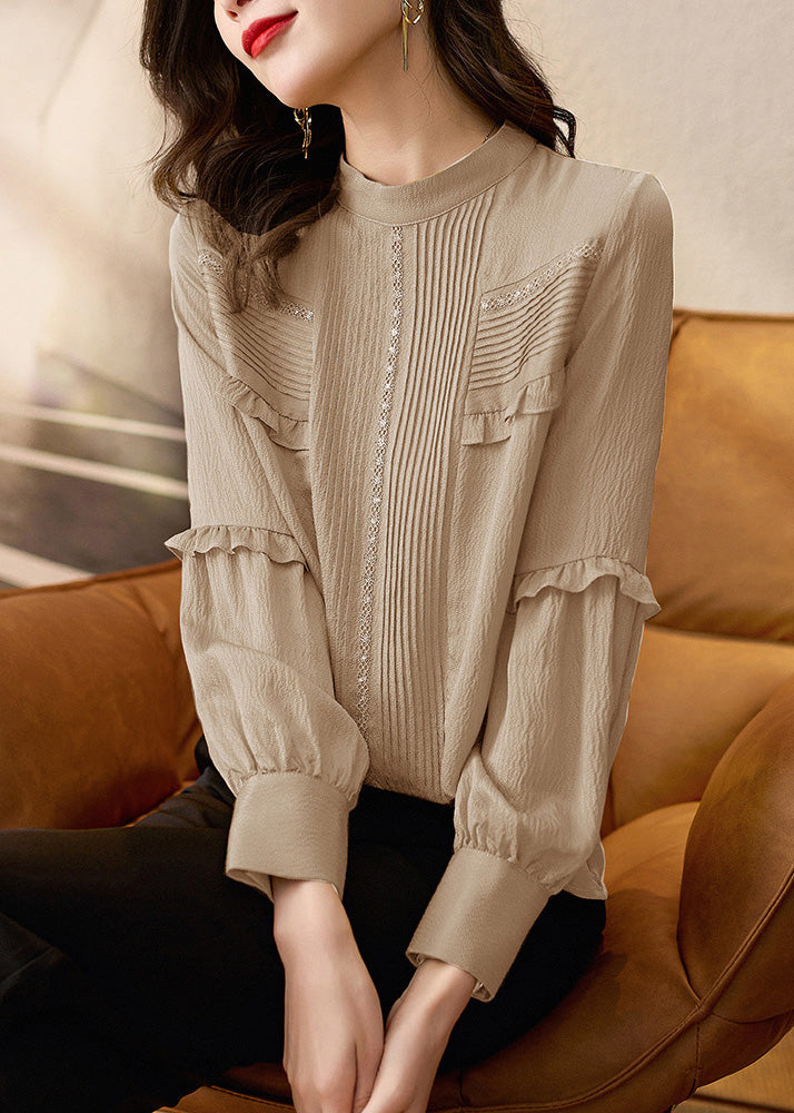 Organic Apricot Stand Collar Ruffled Patchwork Silk Top Spring