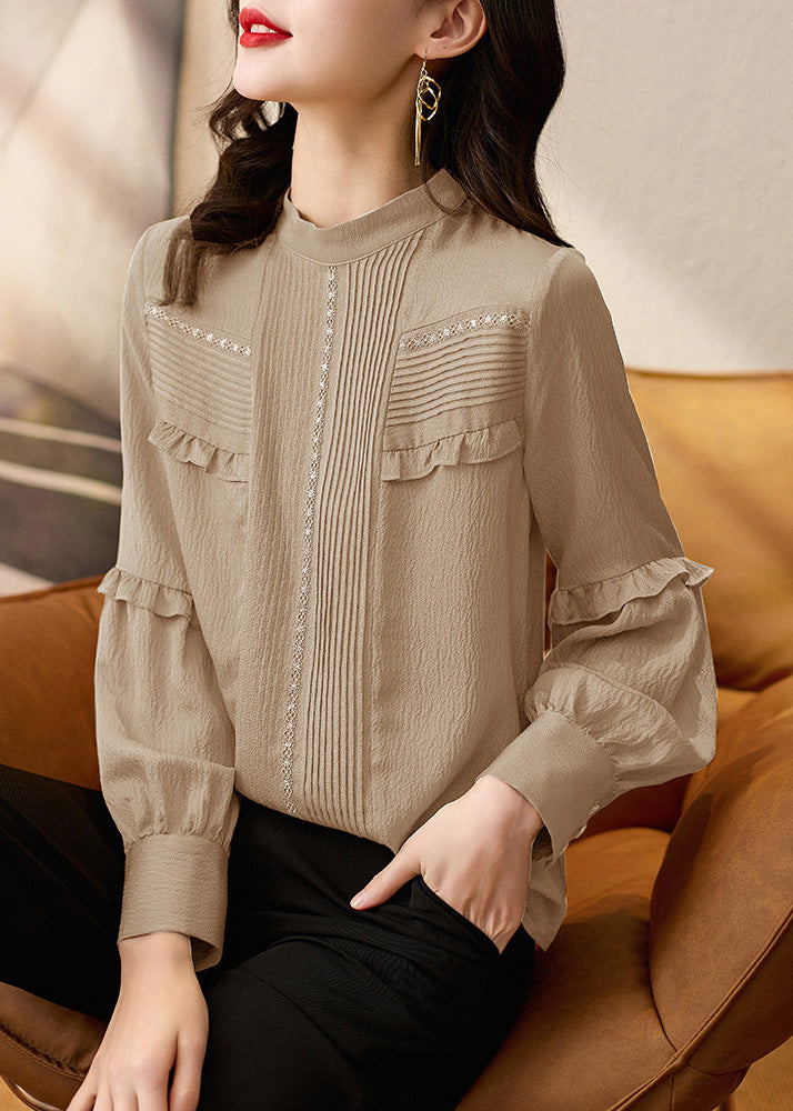 Organic Apricot Stand Collar Ruffled Patchwork Silk Top Spring