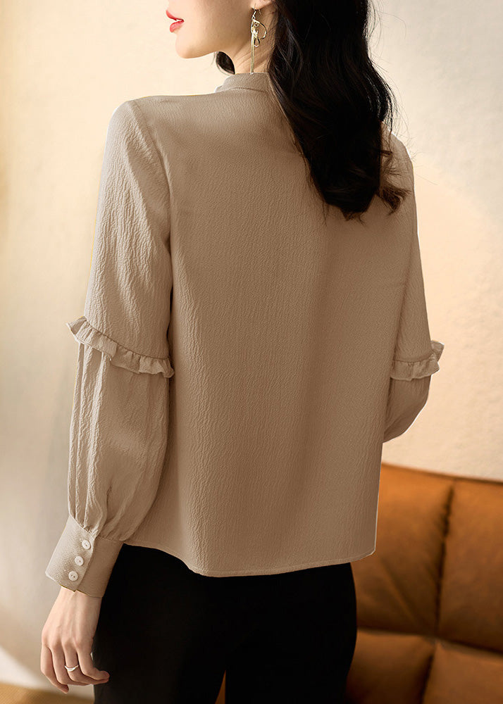 Organic Apricot Stand Collar Ruffled Patchwork Silk Top Spring