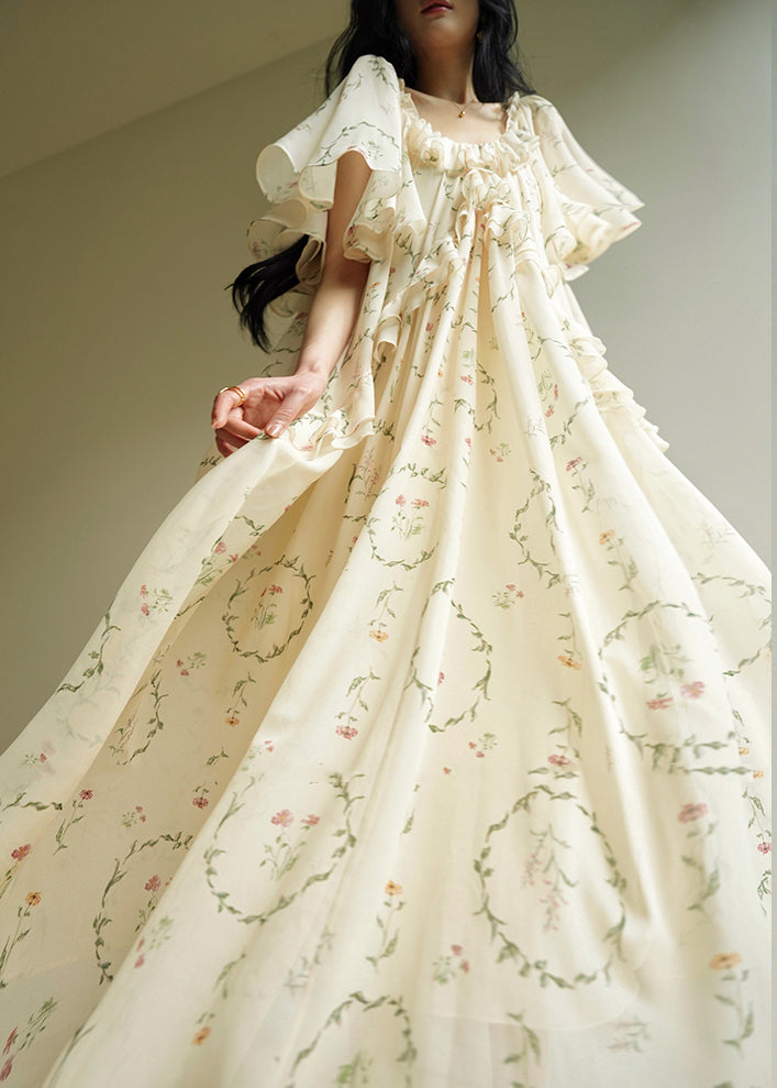 Organic Beige O-Neck Ruffled Patchwork Maxi Dress Short Sleeve