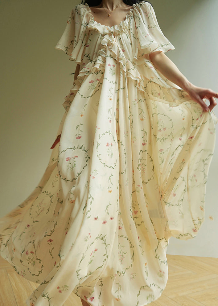 Organic Beige O-Neck Ruffled Patchwork Maxi Dress Short Sleeve