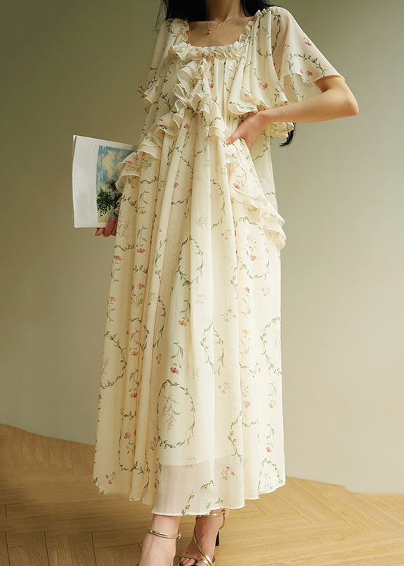 Organic Beige O-Neck Ruffled Patchwork Maxi Dress Short Sleeve