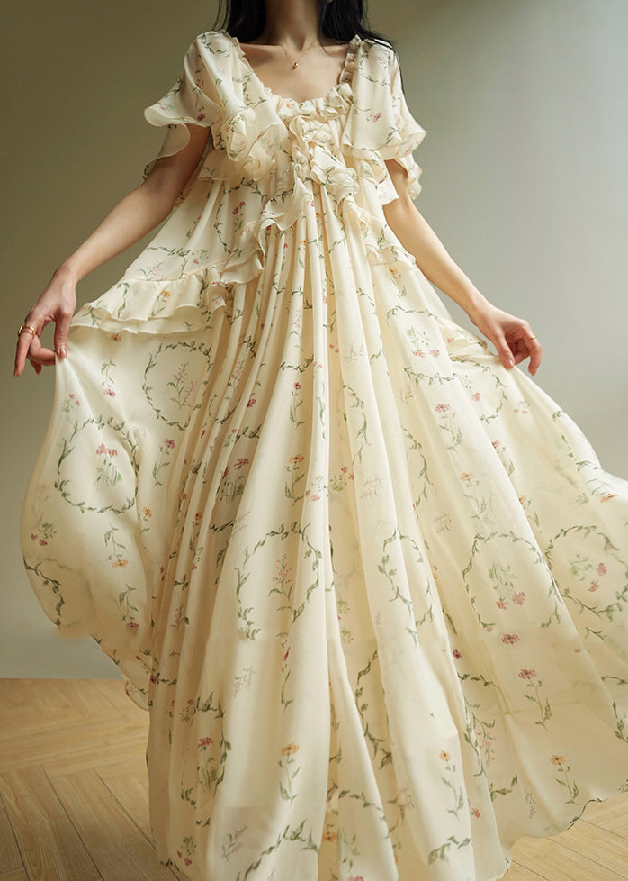 Organic Beige O-Neck Ruffled Patchwork Maxi Dress Short Sleeve