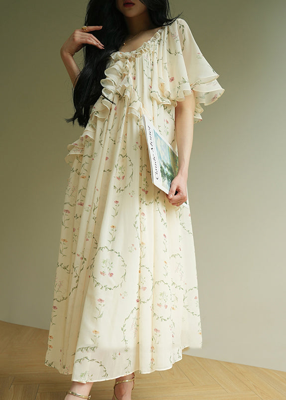 Organic Beige O-Neck Ruffled Patchwork Maxi Dress Short Sleeve