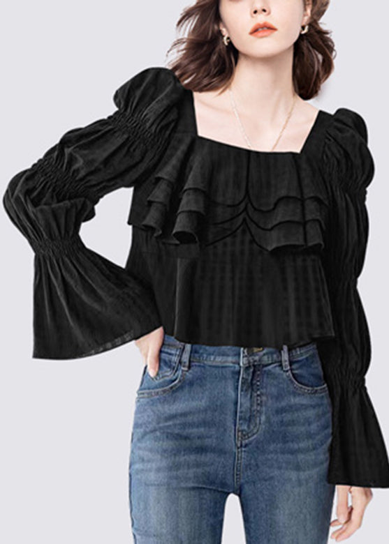 Organic Black Square Collar Ruffled Top Flare Sleeve