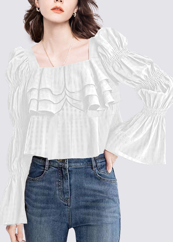 Organic Black Square Collar Ruffled Top Flare Sleeve