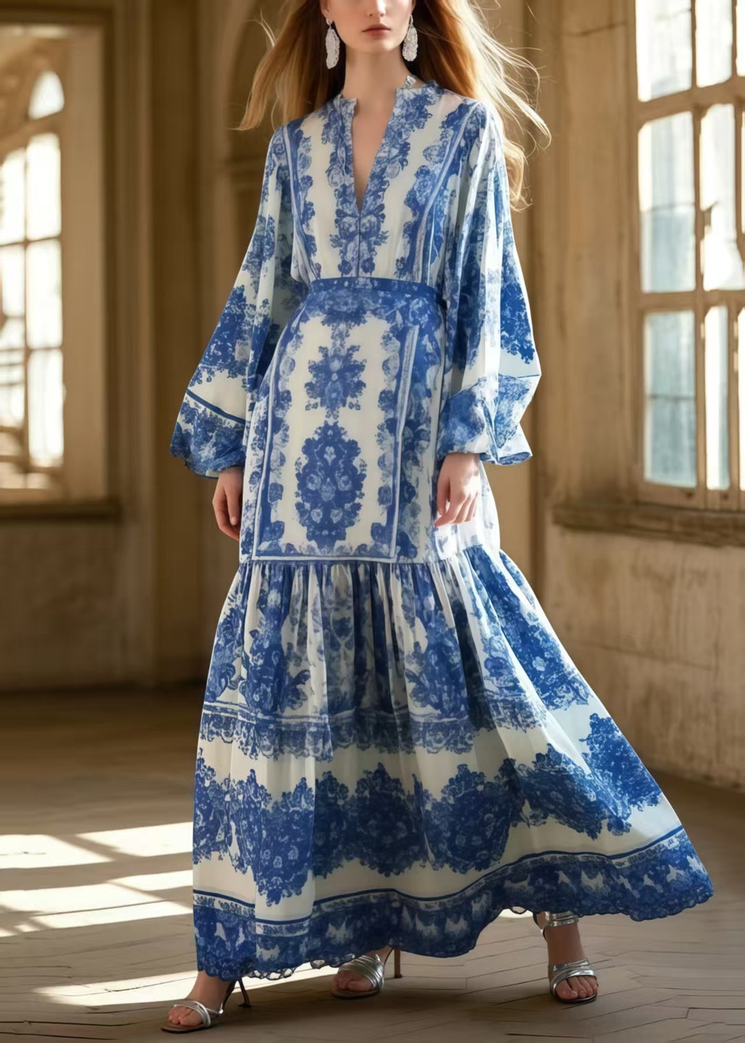 Organic Blue Print Exra Large Hem Silk Long Dresses Spring