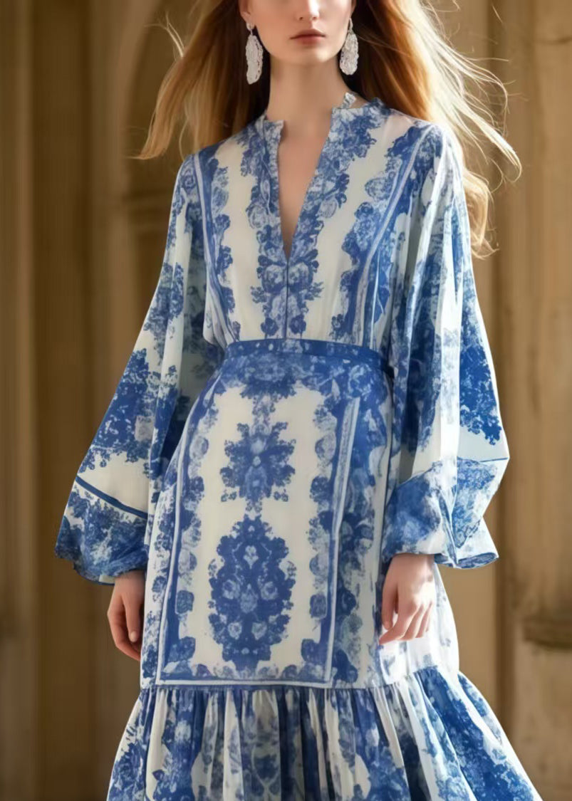 Organic Blue Print Exra Large Hem Silk Long Dresses Spring