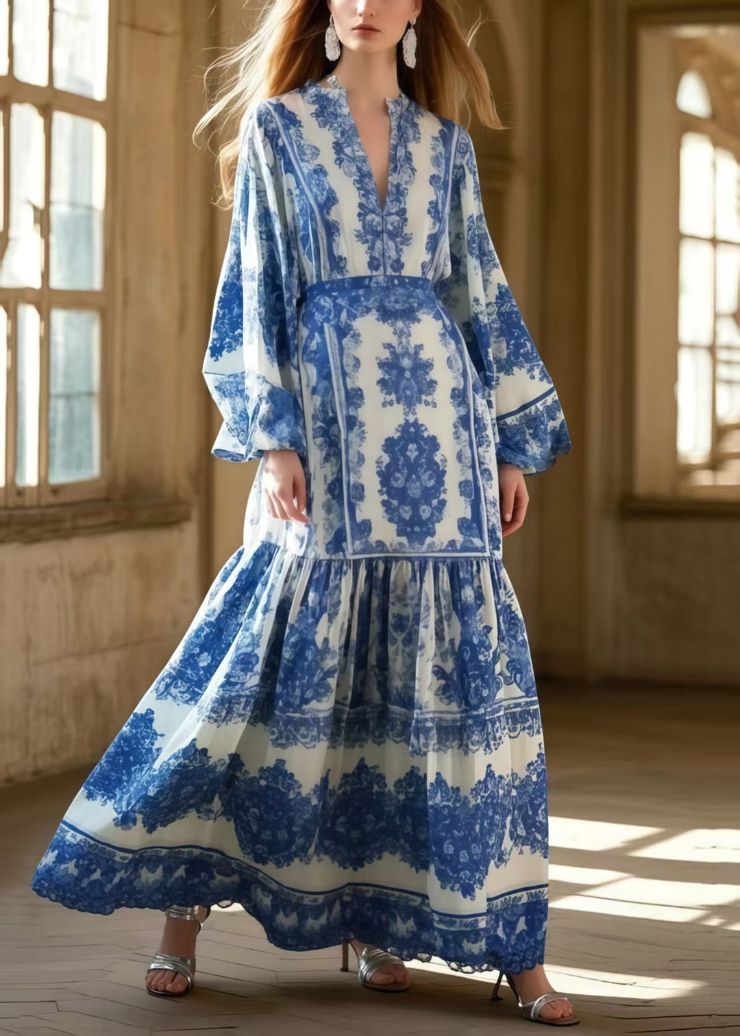 Organic Blue Print Exra Large Hem Silk Long Dresses Spring