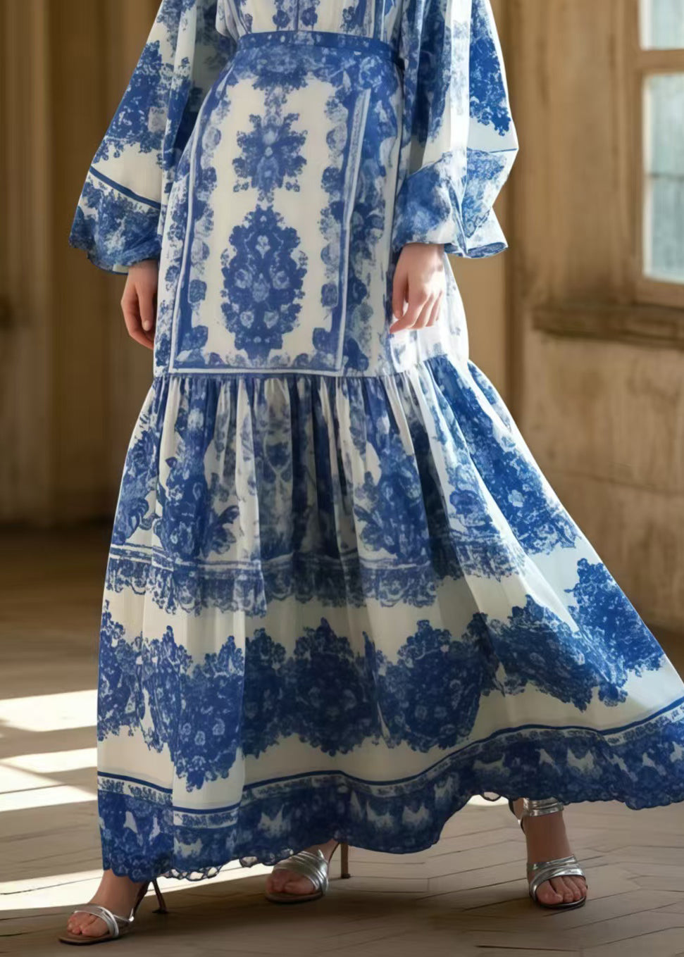 Organic Blue Print Exra Large Hem Silk Long Dresses Spring