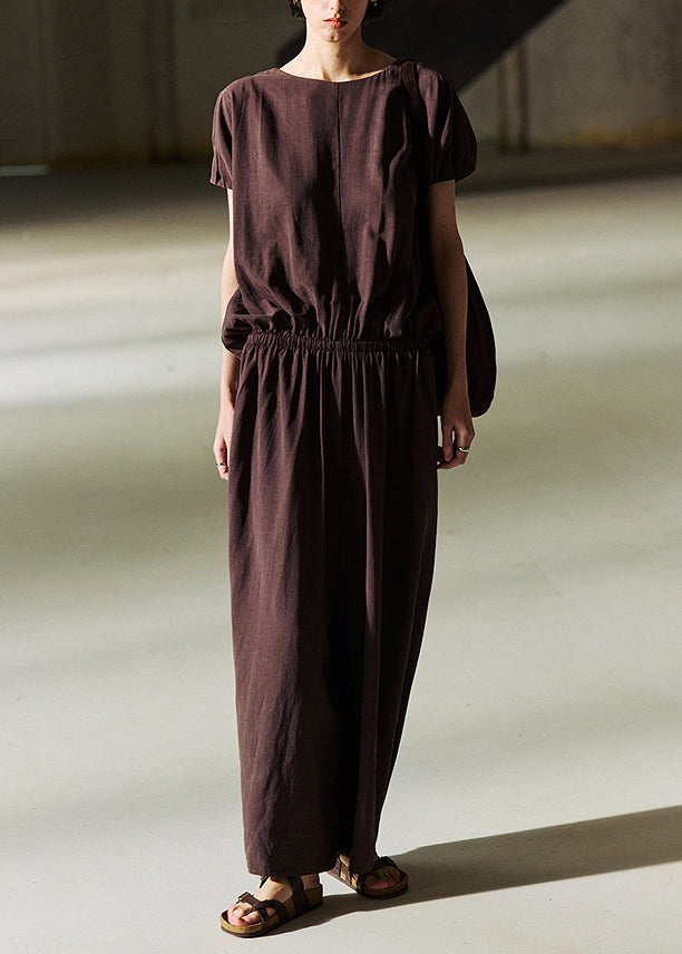 Organic Coffee O Neck Elastic Waist Linen Jumpsuit Summer