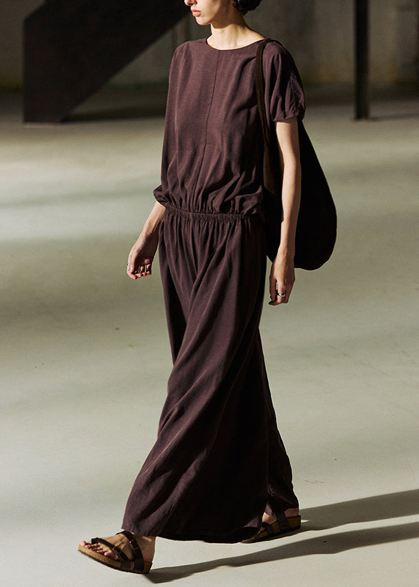 Organic Coffee O Neck Elastic Waist Linen Jumpsuit Summer