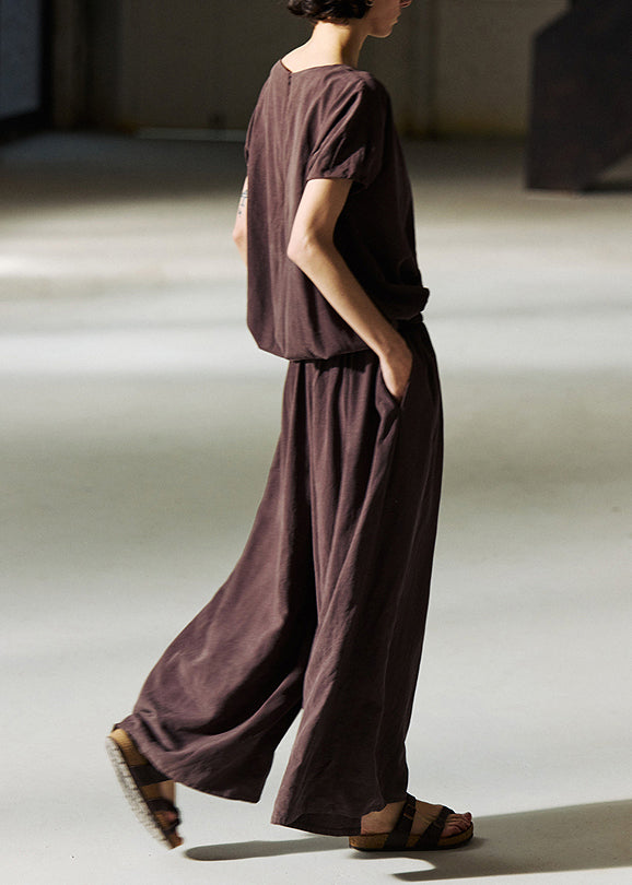 Organic Coffee O Neck Elastic Waist Linen Jumpsuit Summer