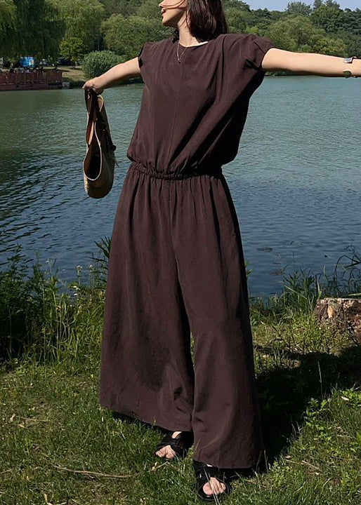 Organic Coffee O Neck Elastic Waist Linen Jumpsuit Summer