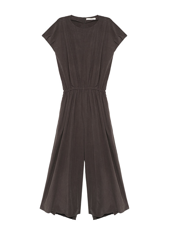 Organic Coffee O Neck Elastic Waist Linen Jumpsuit Summer