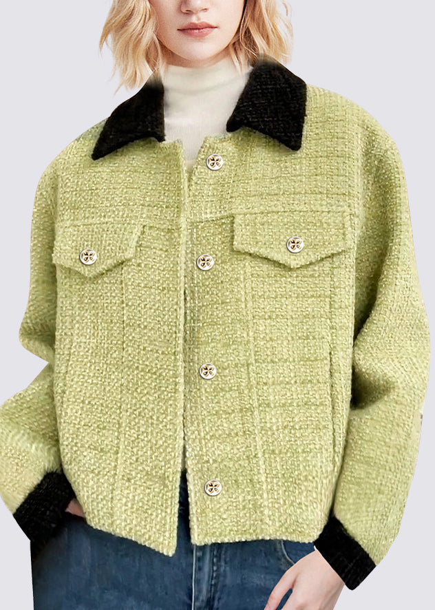 Organic Green Square Collar Patchwork Woolen Coat Long Sleeve