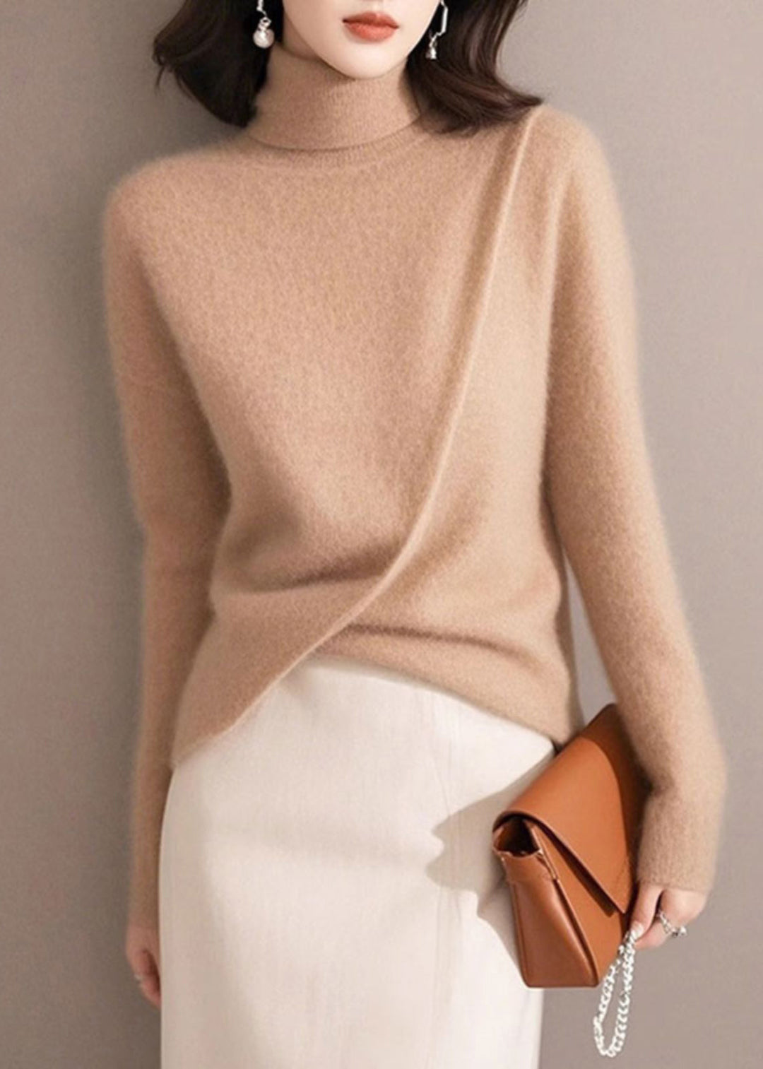 Organic Light Camel Asymmetrical Solid Cotton Knit Sweaters Spring