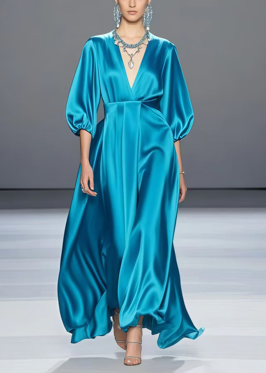 Organic Peacock Blue V Neck Draping Silk Long Dress Summer