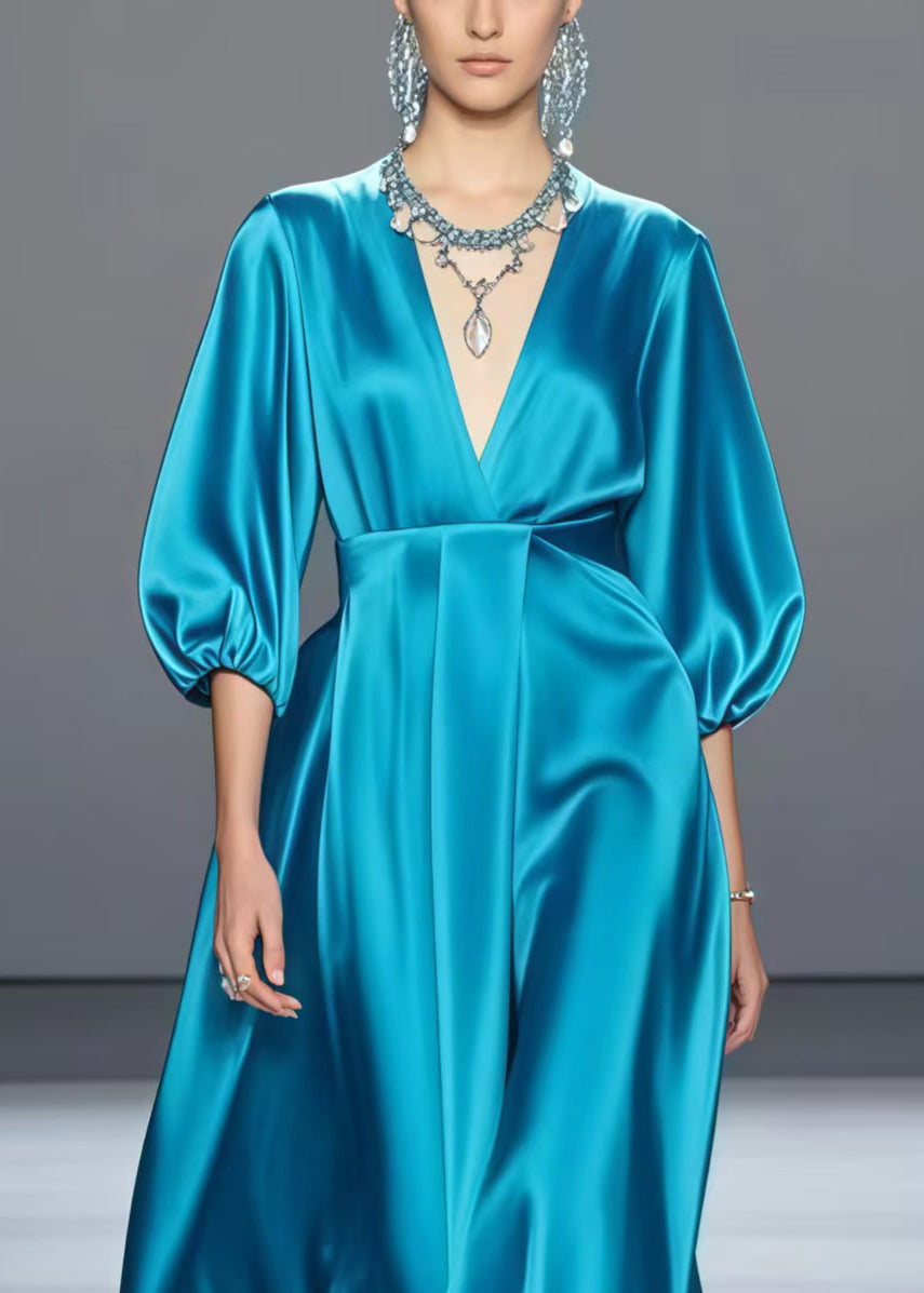 Organic Peacock Blue V Neck Draping Silk Long Dress Summer
