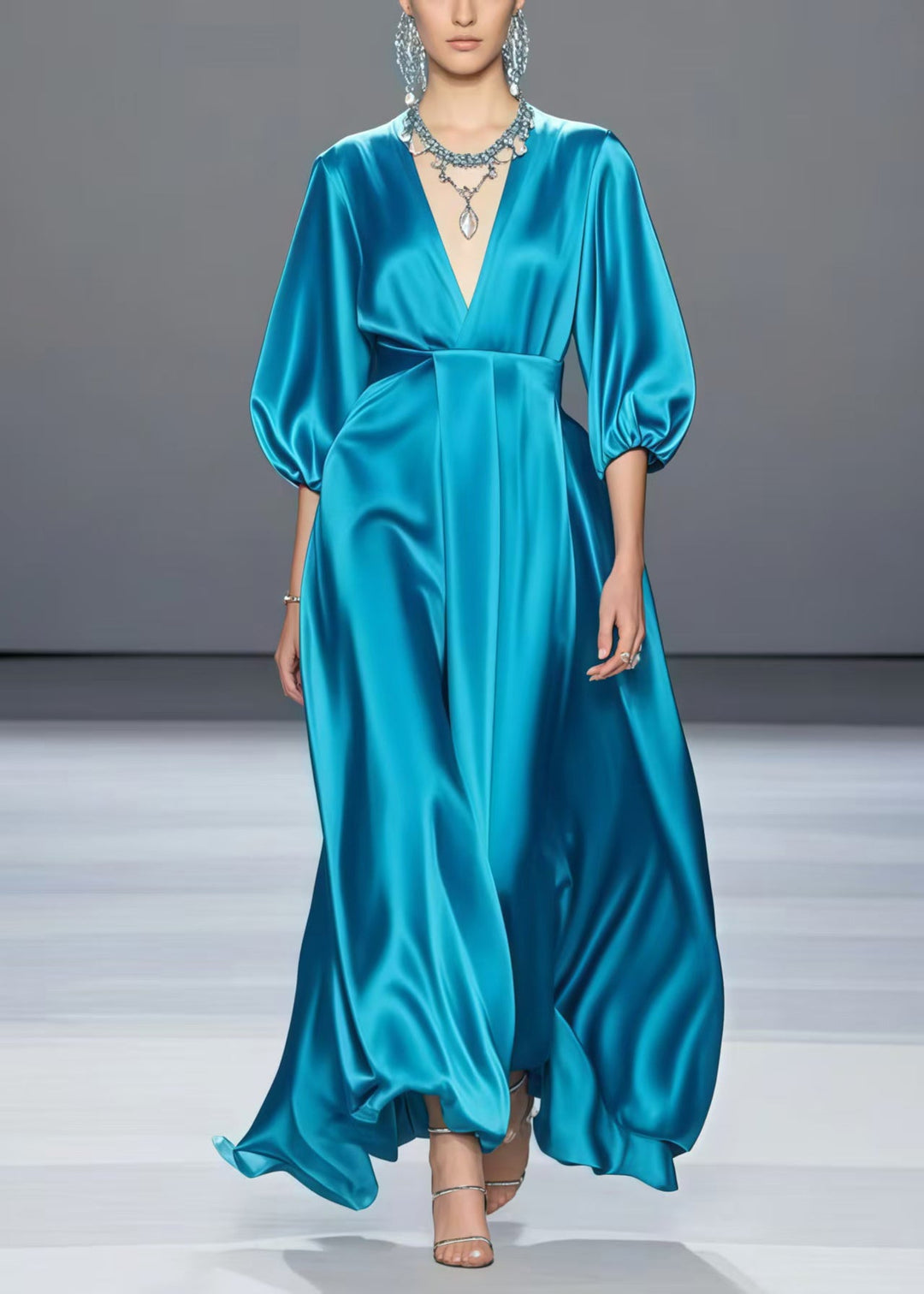 Organic Peacock Blue V Neck Draping Silk Long Dress Summer