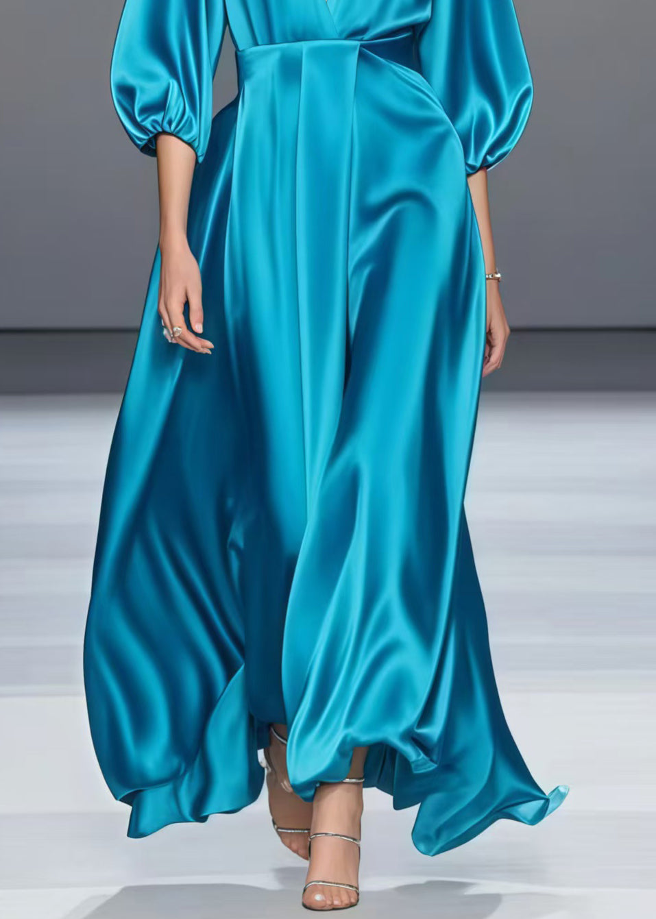 Organic Peacock Blue V Neck Draping Silk Long Dress Summer