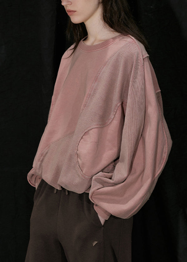 Organic Pink O Neck Patchwork Cotton Sweatshirts Top Fall